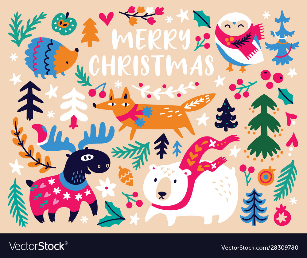 Christmas card design template with cozy animals Vector Image