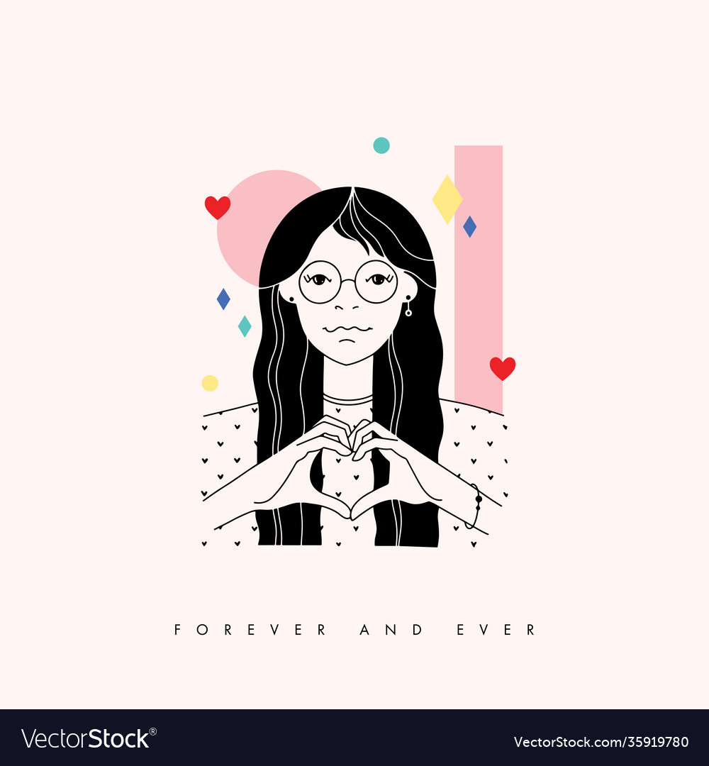 Love card print with girl and hand heart shape