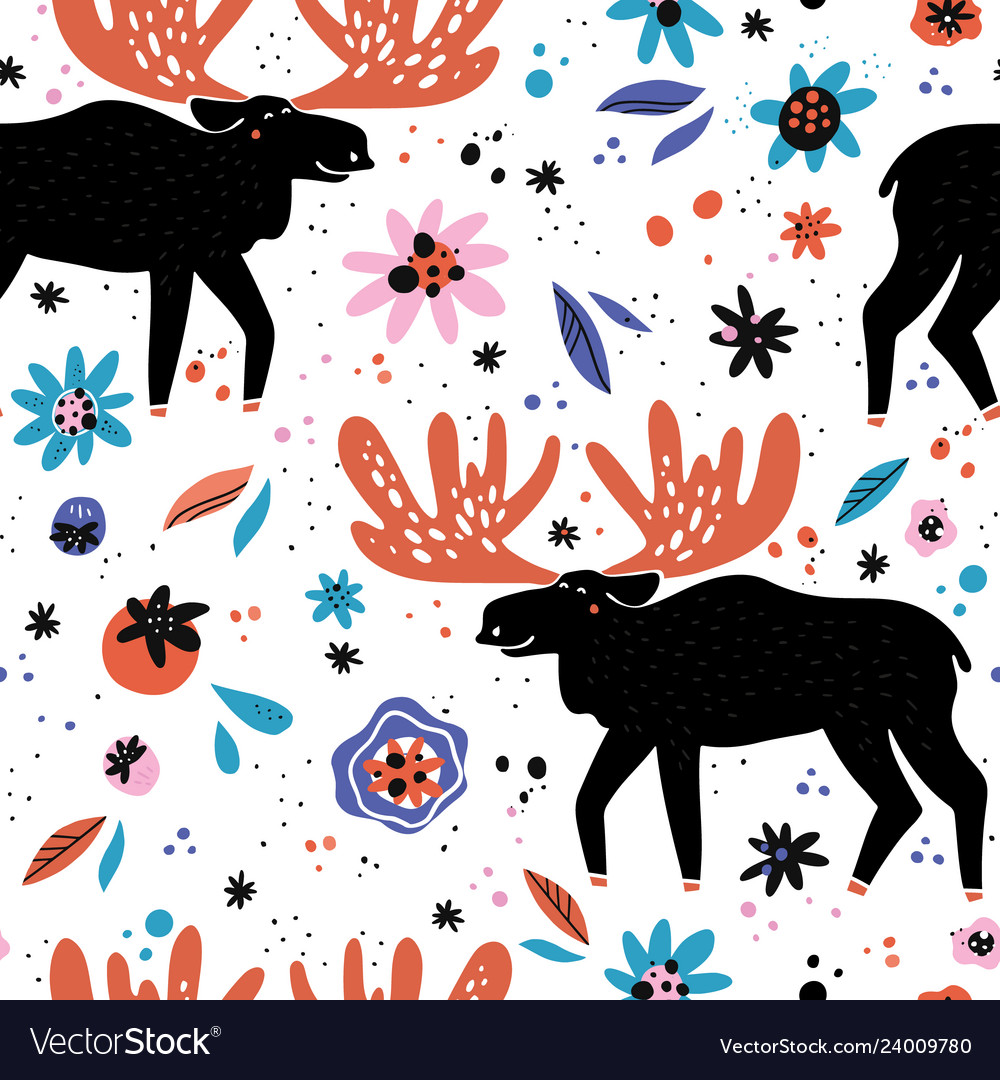 Moose flat hand drawn seamless pattern vector image Moose flat hand drawn seamless pattern