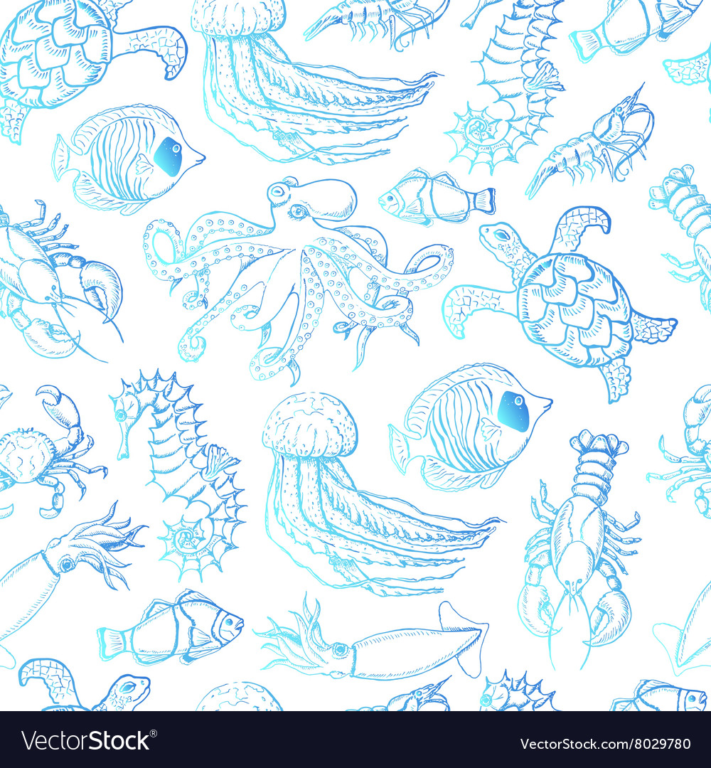 Seamless pattern with sea inhabitants on a white