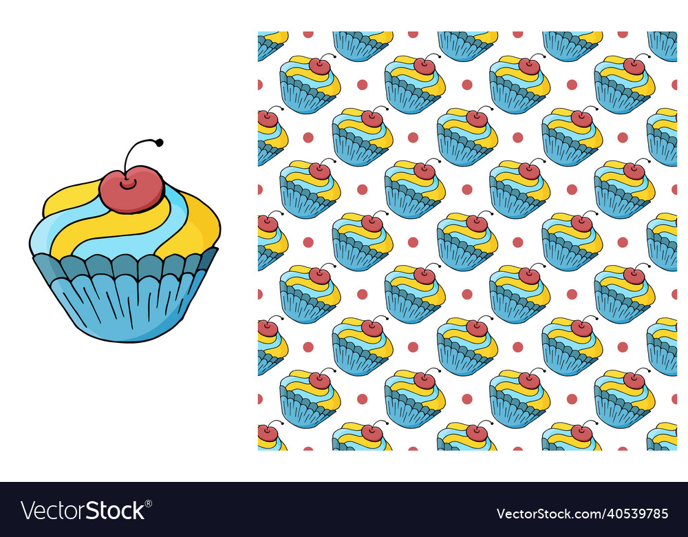 Cupcake muffin set of element and seamless pattern Vector Image Cupcake muffin set of element and seamless pattern