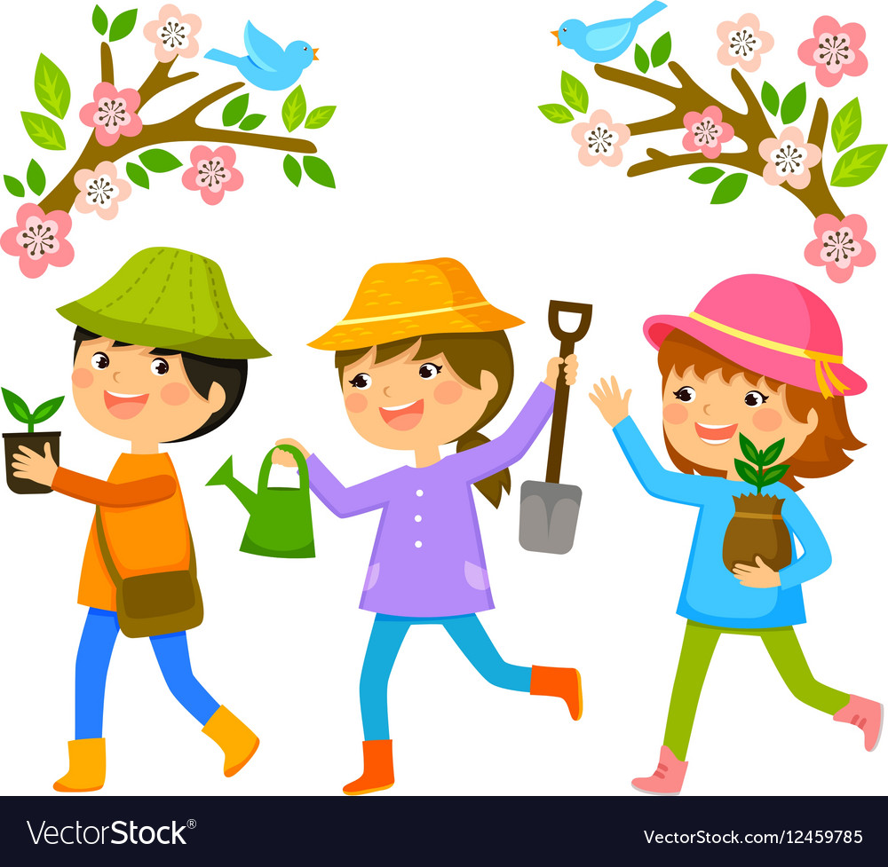 Kids planting trees Royalty Free Vector Image - VectorStock