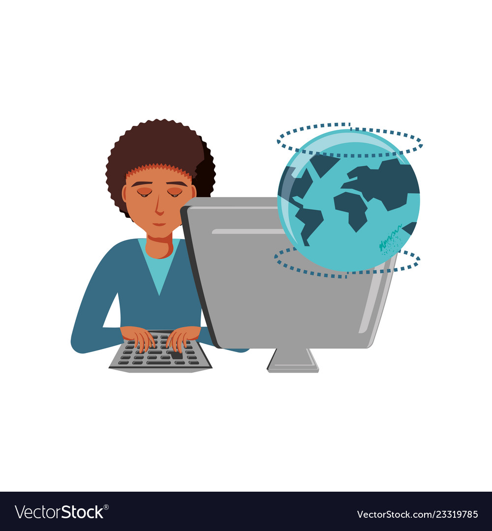 Man black with desktop computer and planet earth