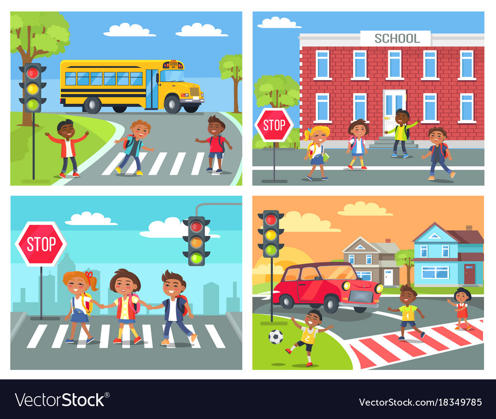 Child Learns Cross Road Pedestrian Crossing Traffic Rules Children