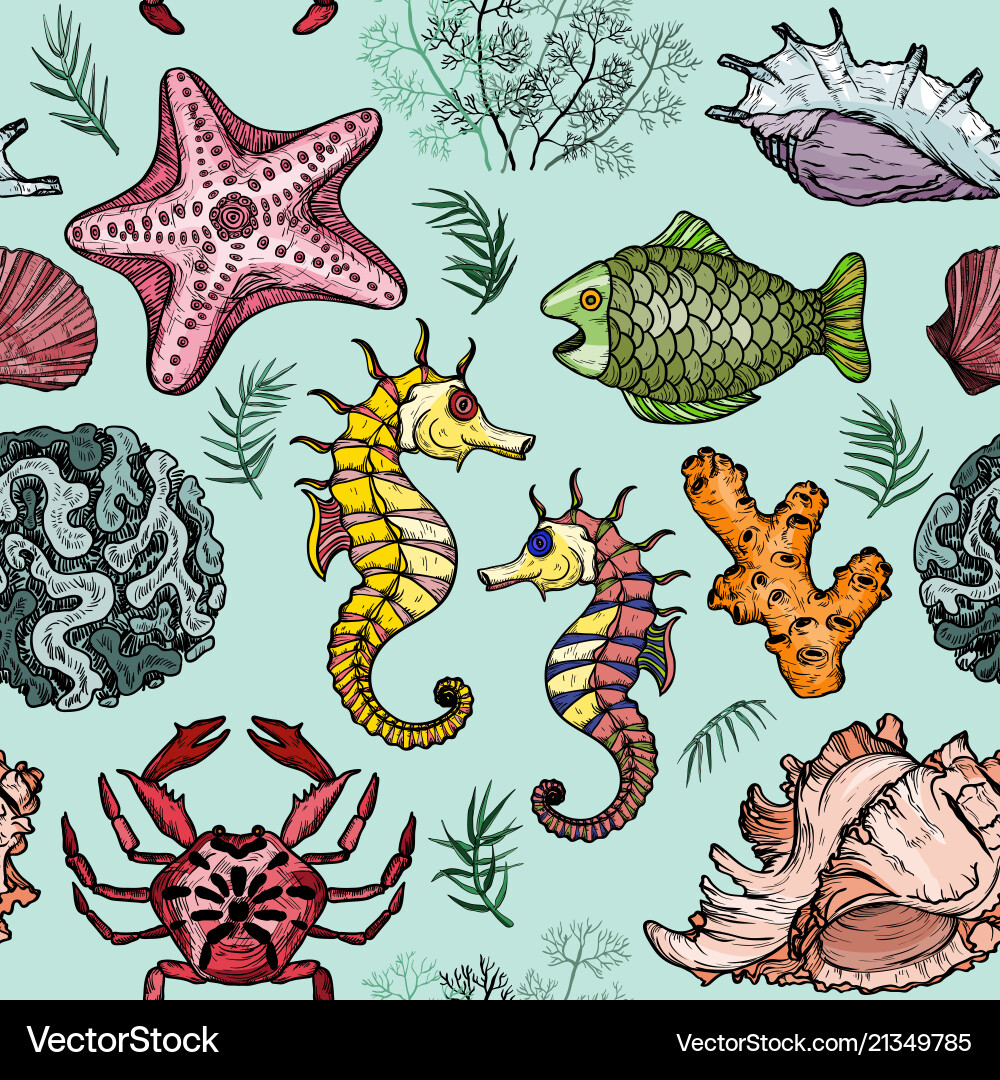 Seamless pattern with shells fish and turtle Vector Image