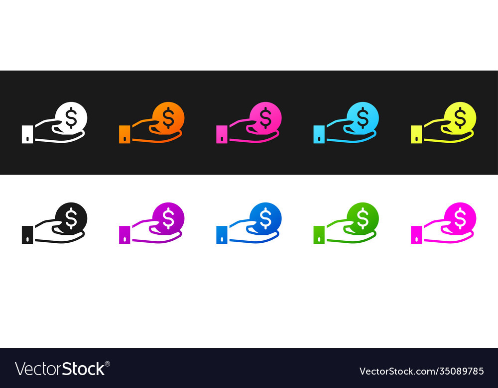 Set human hand giving money icon isolated on black