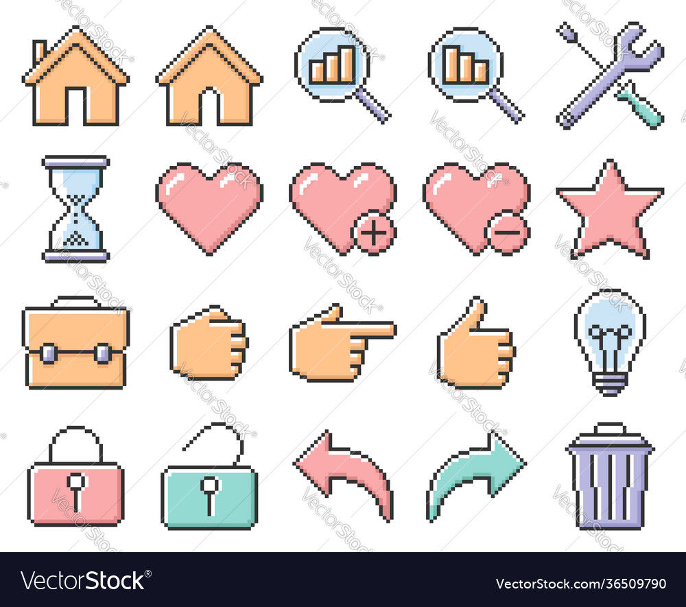 Collection outlined pixel icons user interface vector image Collection outlined pixel icons user interface