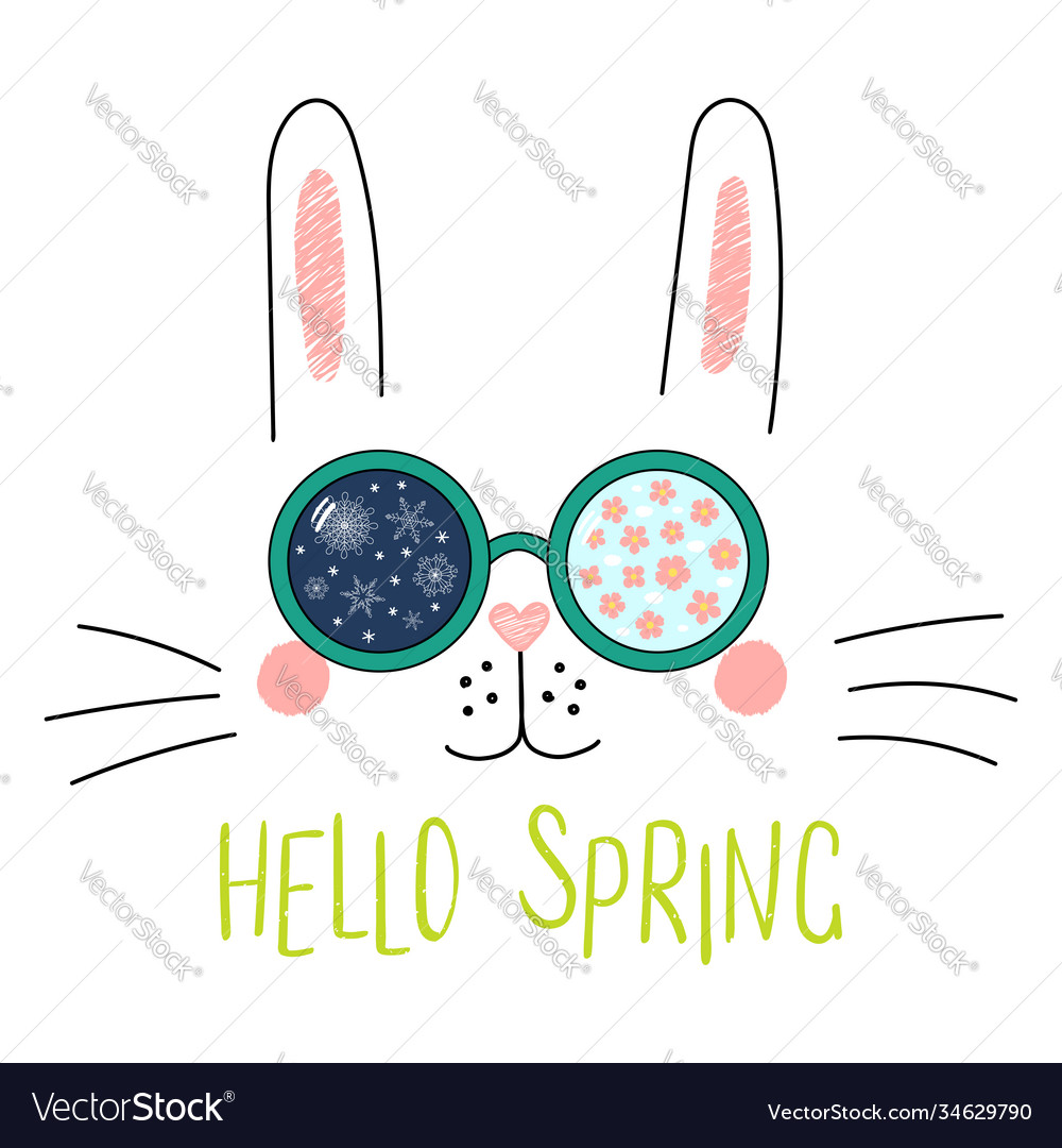 Hello spring lettering with bunny in glasses