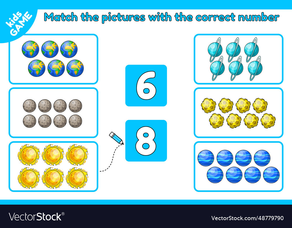 Math game match space objects with correct number vector image Math game match space objects with correct number