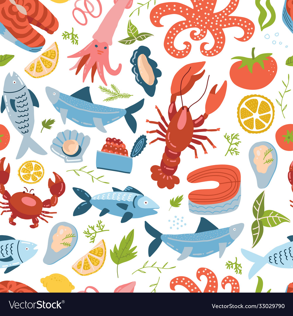 Sea animal set seamless pattern with king crab Vector Image Sea animal set seamless pattern with king crab Vector Image