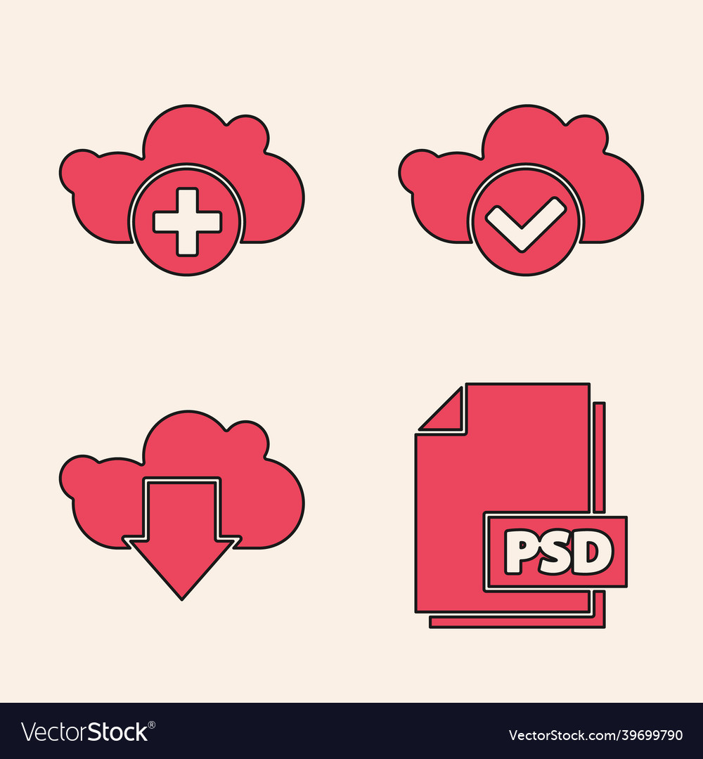 Set psd file document add cloud with check vector image Set psd file document add cloud with check