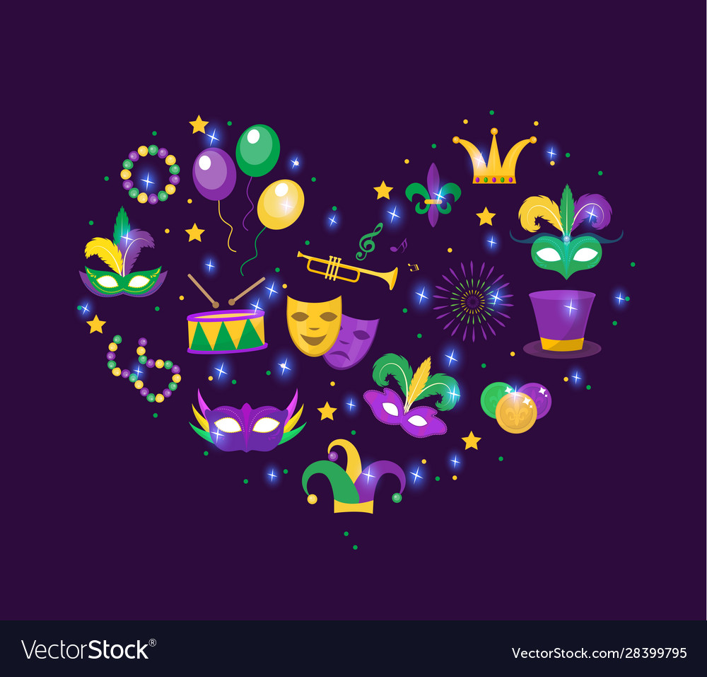 Mardi gras icon set in heart shape template