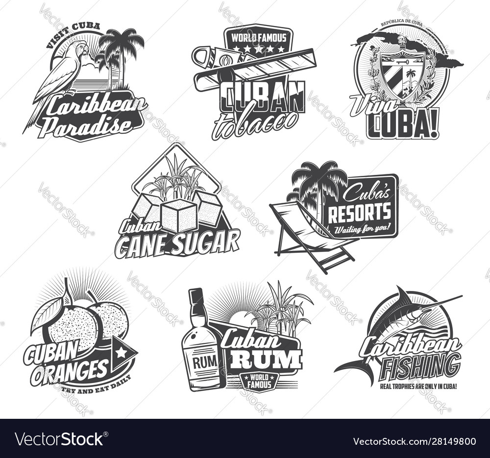 Cuba travel landmarks tobacco food and drinks vector image Cuba travel landmarks tobacco food and drinks