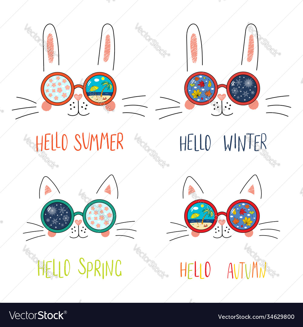 Four seasons cute cat bunny faces set