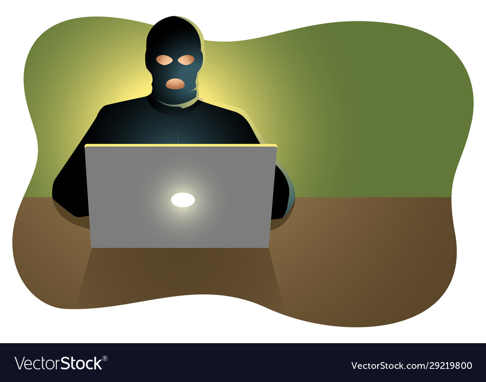 Hacker behind laptop computer vector image Hacker behind laptop computer