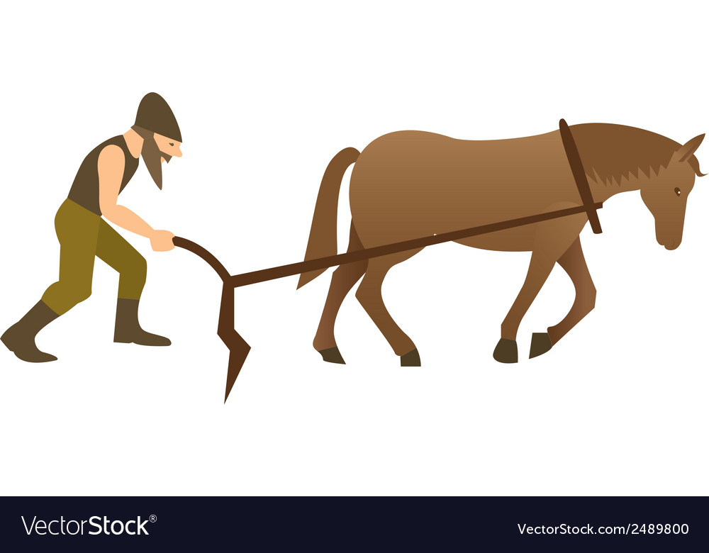 Plowman and horse with plow Royalty Free Vector Image