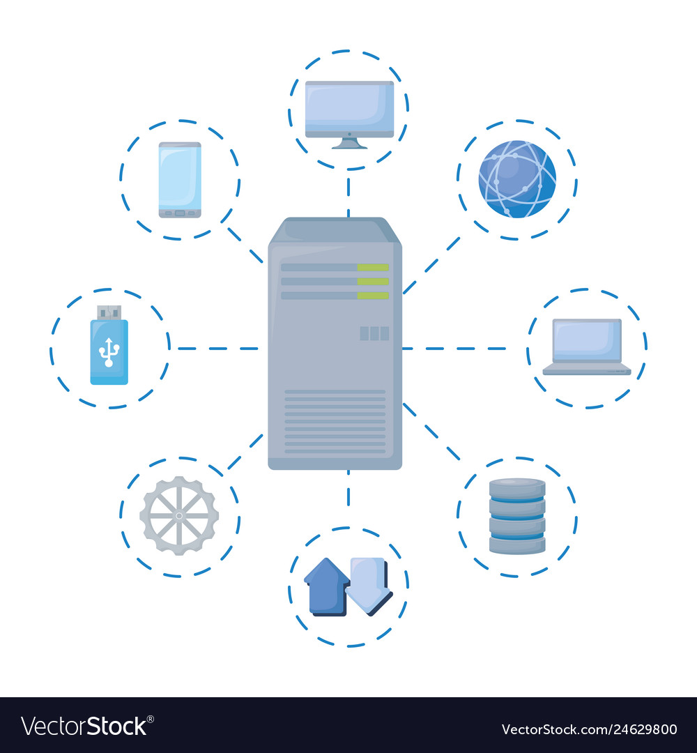 Tower server with data icons Vector Image Tower server with data icons