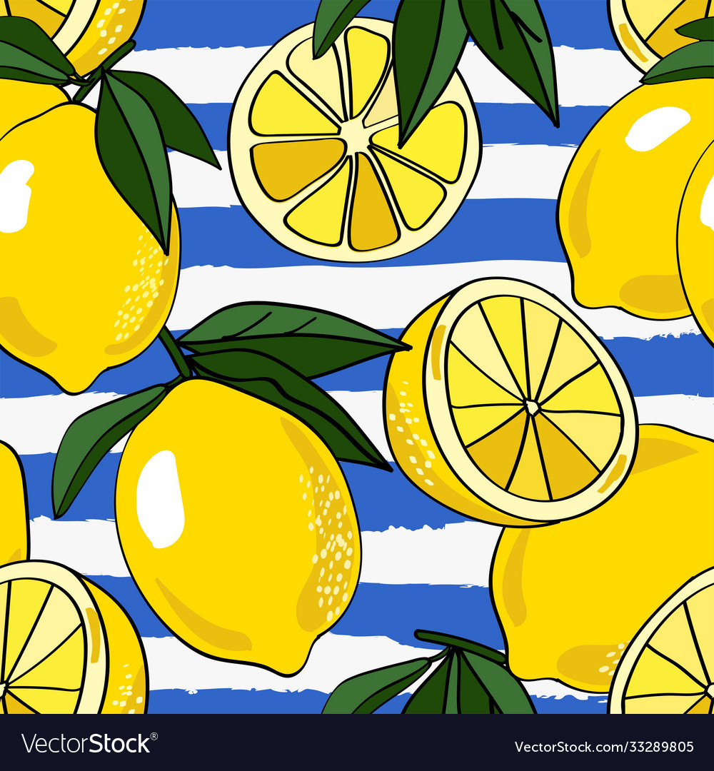 Allover lemons on blue torn stripe