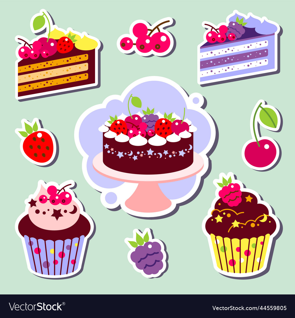 Color Set Of Cakes And Cupcakes Piece Of Cake Set Vector Image