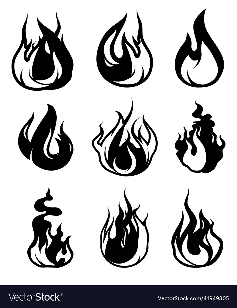 Monochrome symbols of flame black icons isolate Vector Image