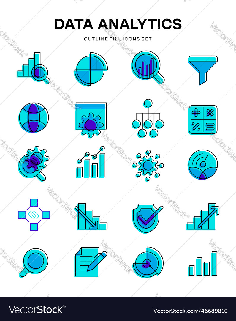 Data analytics isometric outline fill icon set