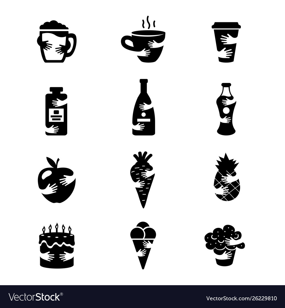 Food and drinks negative space icons set hot