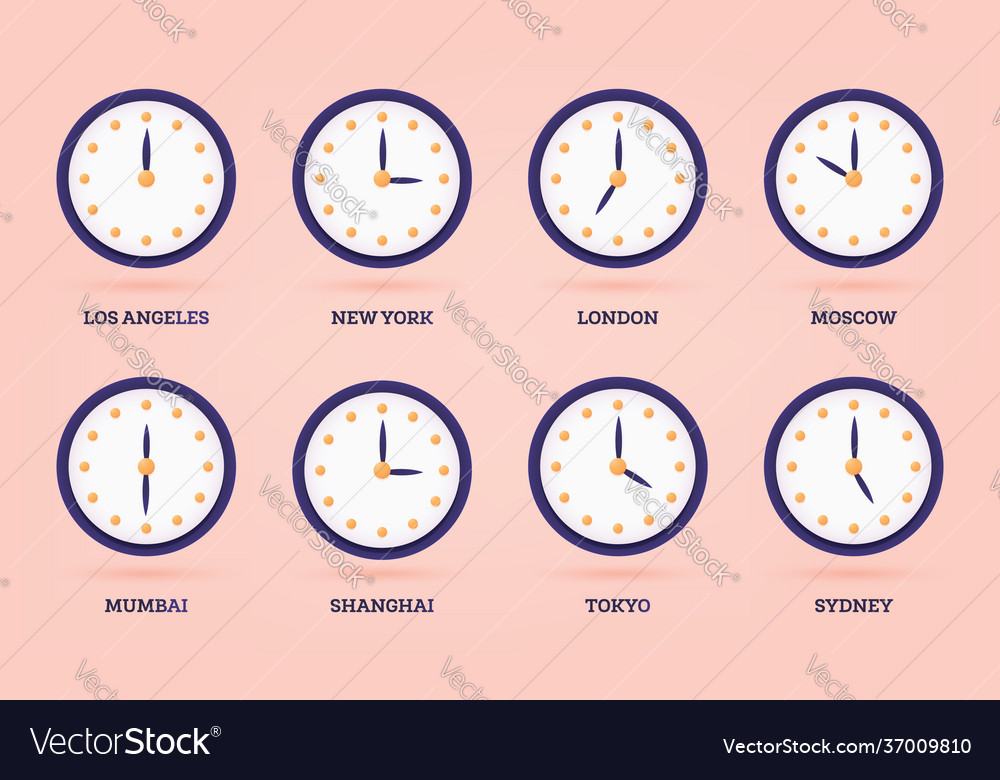 Set 3d clock for different time zones and Vector Image