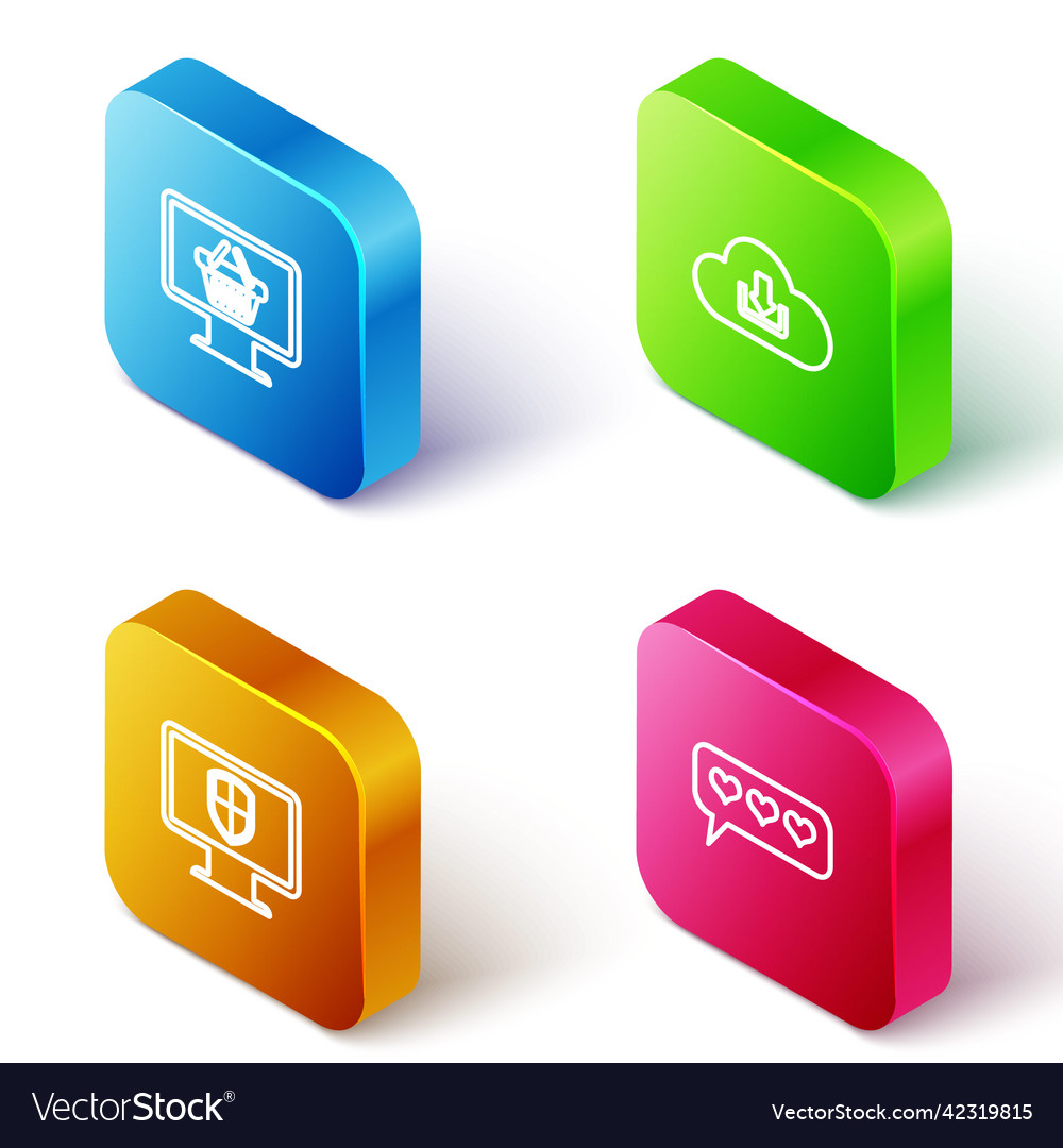 Set isometric line monitor with shopping basket