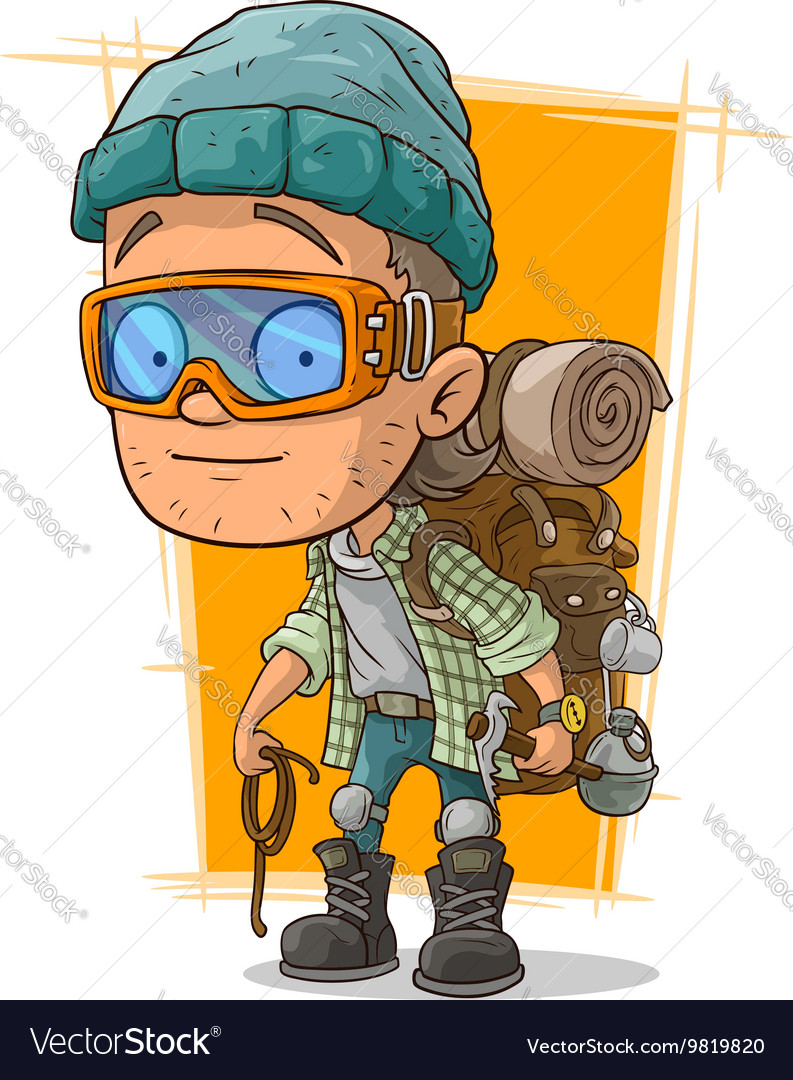 Cartoon man in eyeglasses with backpack