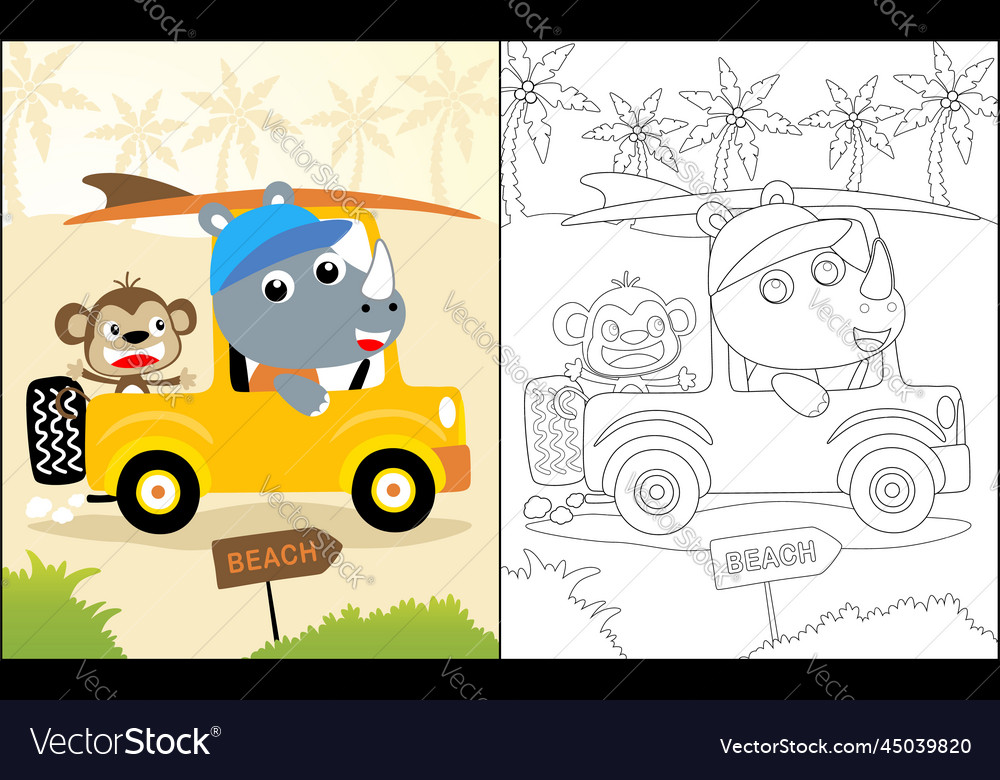 Cute rhino and monkey on car carrying surfboard vector image Cute rhino and monkey on car carrying surfboard