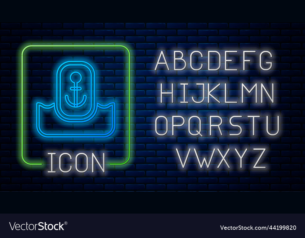 Glowing neon map pointer with anchor icon isolated
