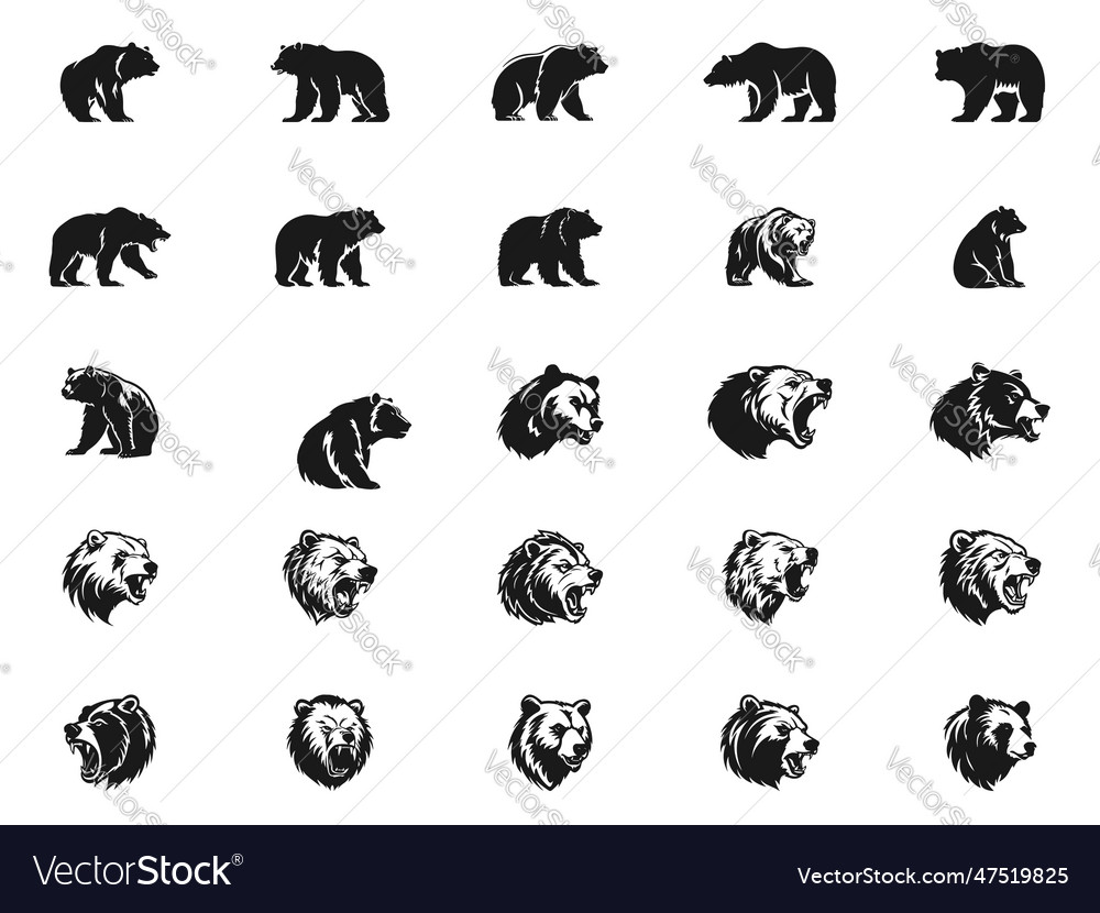 Graphical set of bears on black grizzly bear