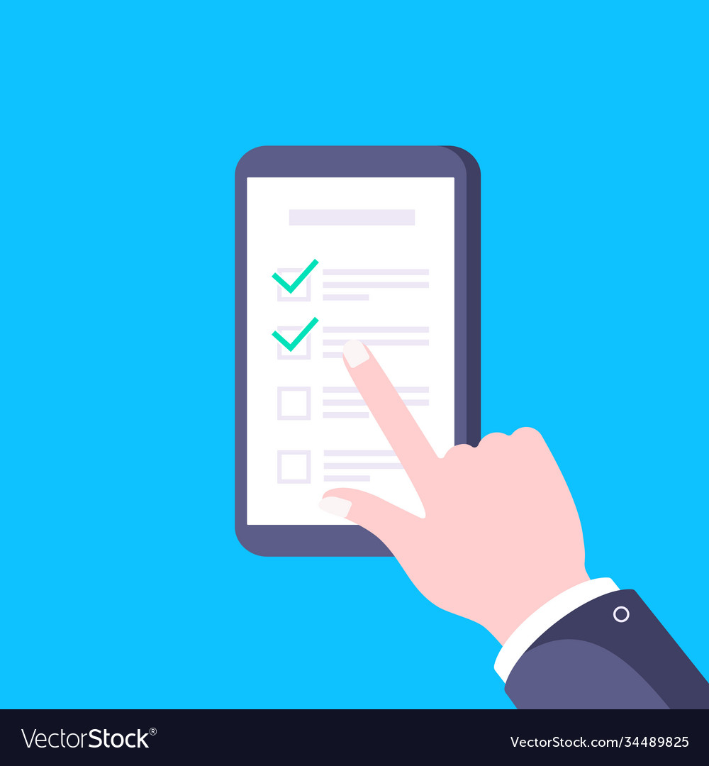 Hand points to smartphone with complete checklist