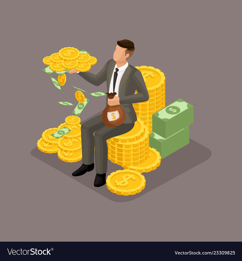 Isometric young businessman money profit gold Vector Image