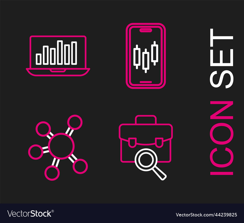 Set line work search project team base mobile vector image Set line work search project team base mobile
