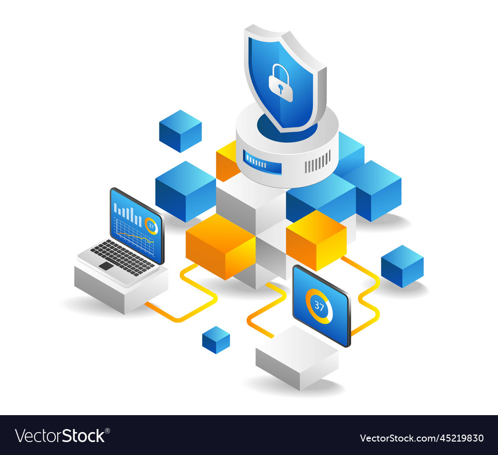 Flat isometric 3d blockchain analysis program vector image Flat isometric 3d blockchain analysis program