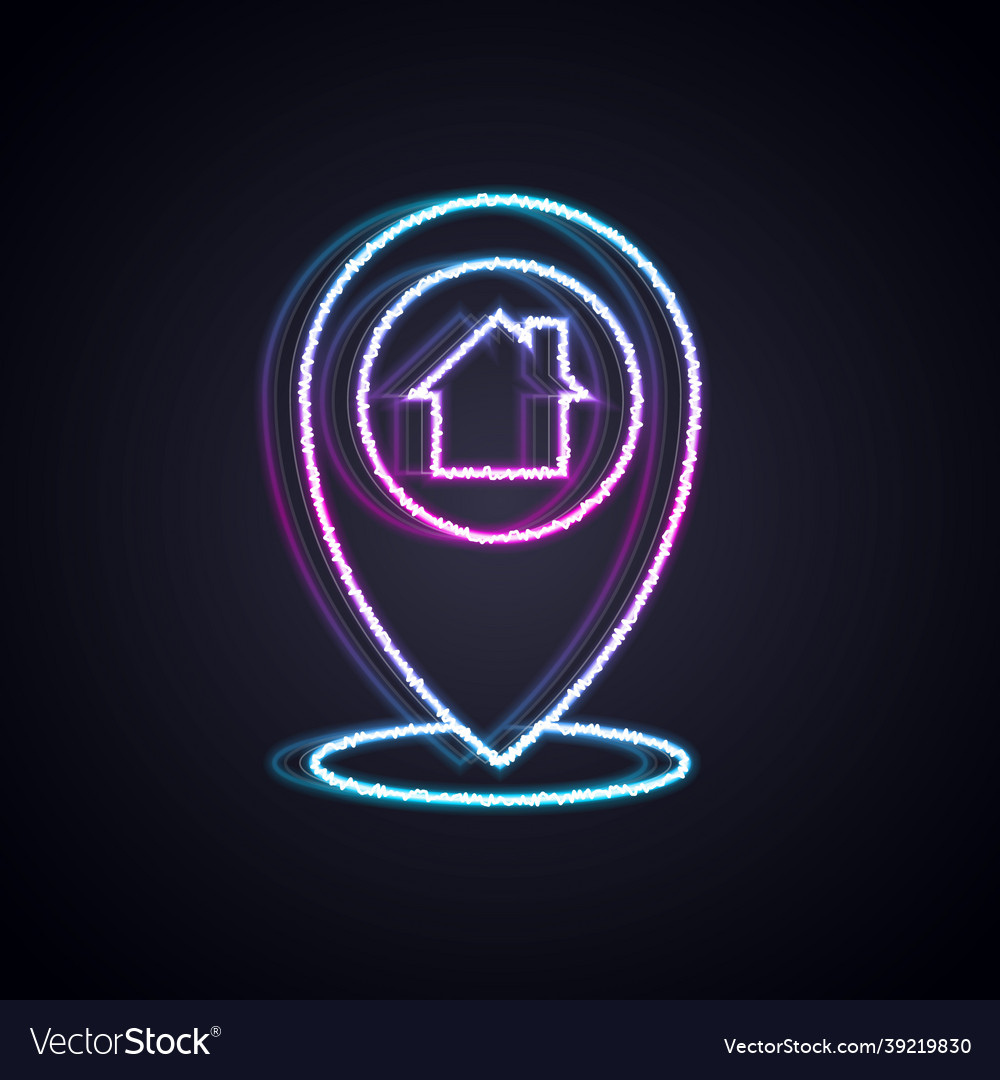 Glowing neon line map pointer with house icon vector image Glowing neon line map pointer with house icon