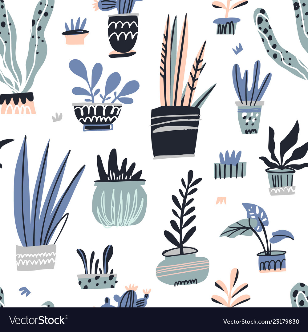 House plants hand drawn color seamless Royalty Free Vector