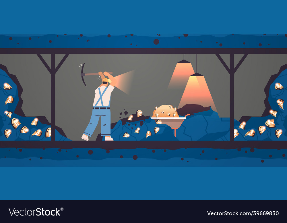 Man miner digging and extracting bitcoins in mine Vector Image Man miner digging and extracting bitcoins in mine