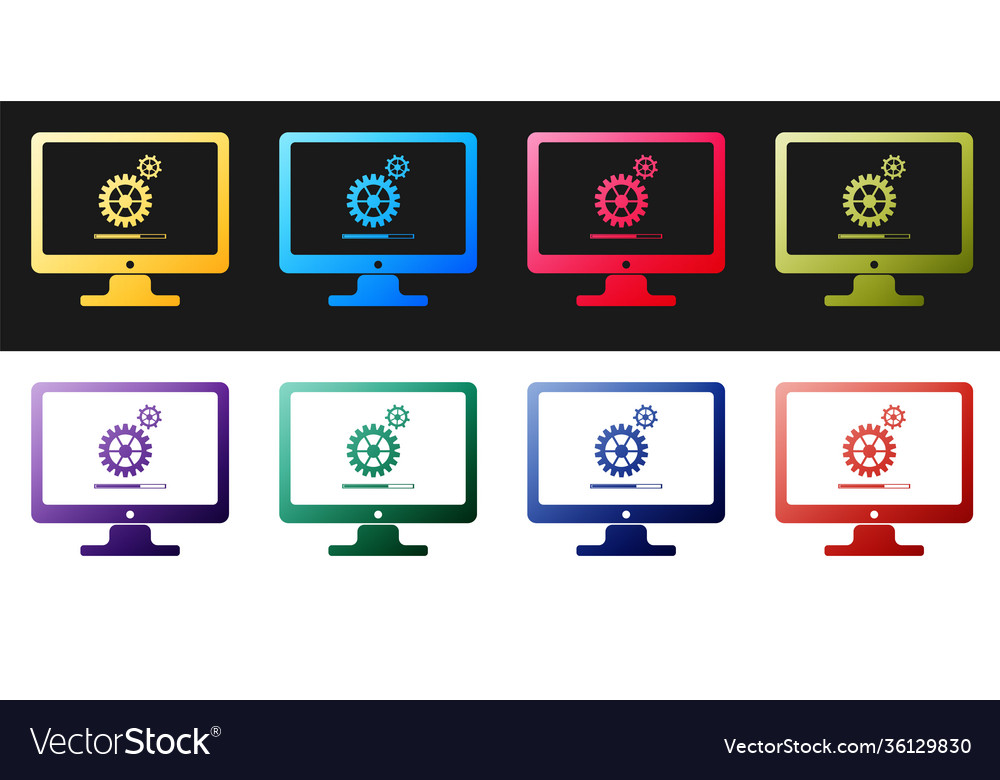 Set computer monitor update process with gear vector image Set computer monitor update process with gear