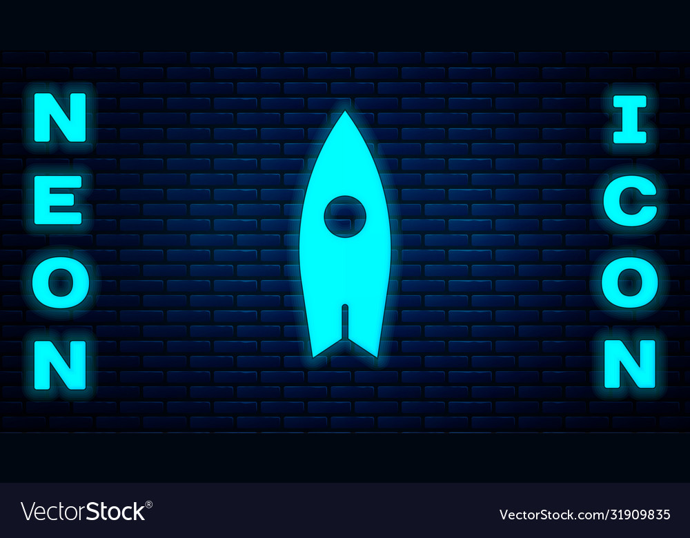 Glowing neon surfboard icon isolated on brick wall