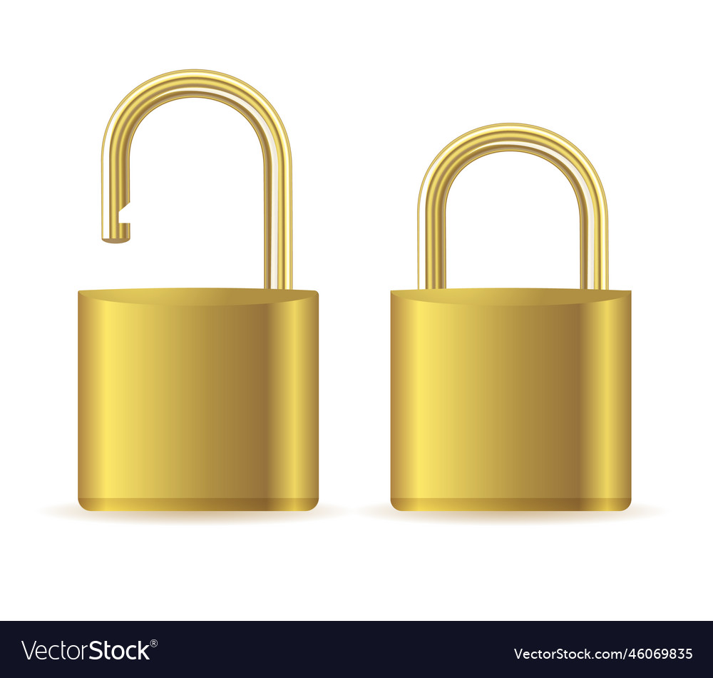 Gold padlocks set golden closed and open padlock