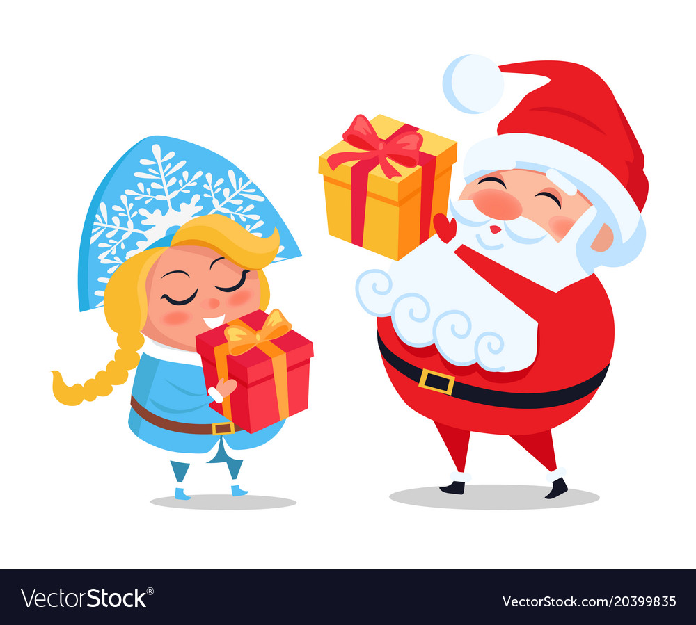 Santa claus and snow maiden decor present boxes Vector Image