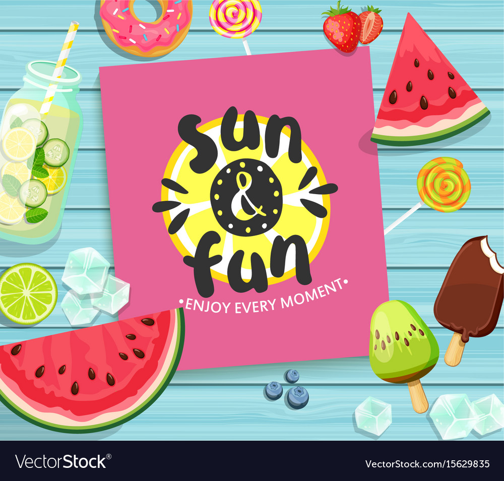 Summer card on blue wooden background Royalty Free Vector