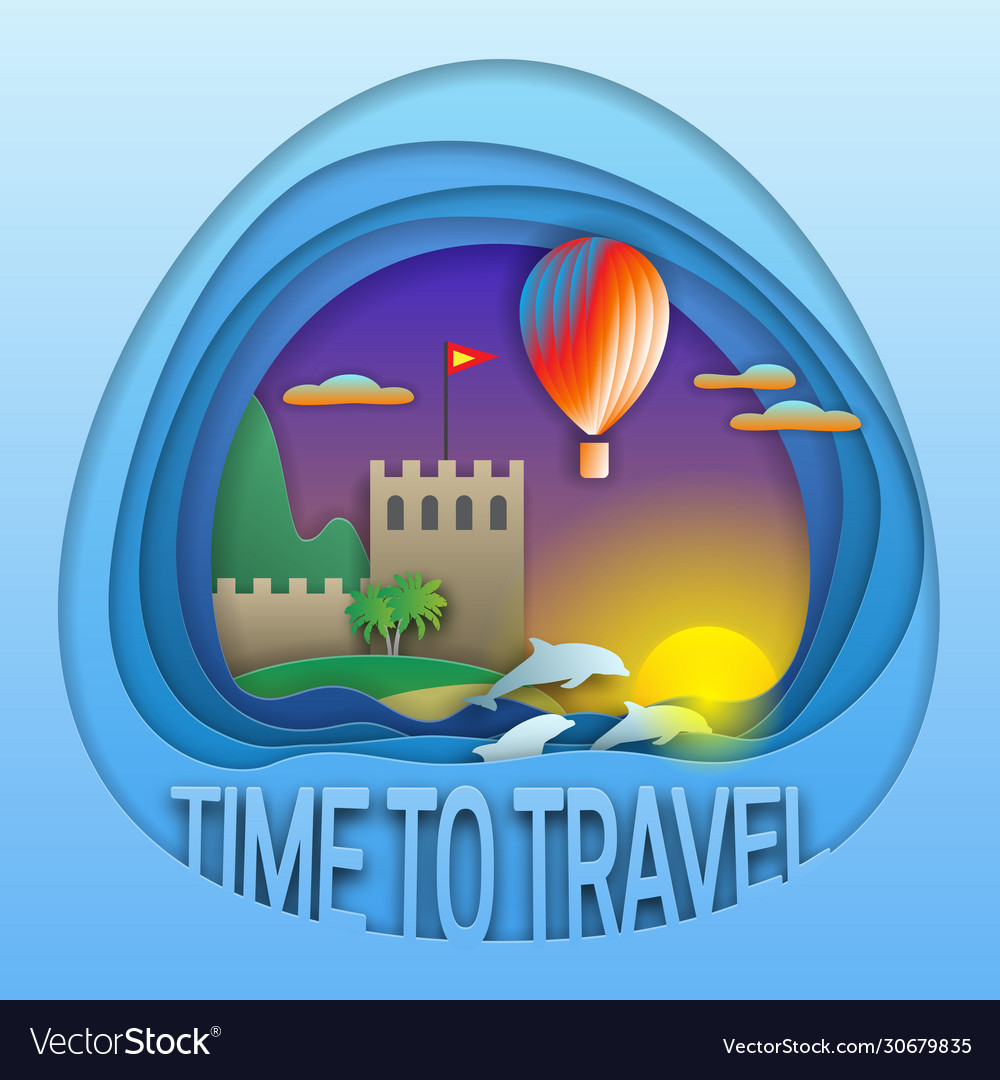 Zeit zu reisen Emblem Sonnenuntergang mit heißer Luft vector image Zeit zu reisen Emblem Sonnenuntergang mit heißer Luft