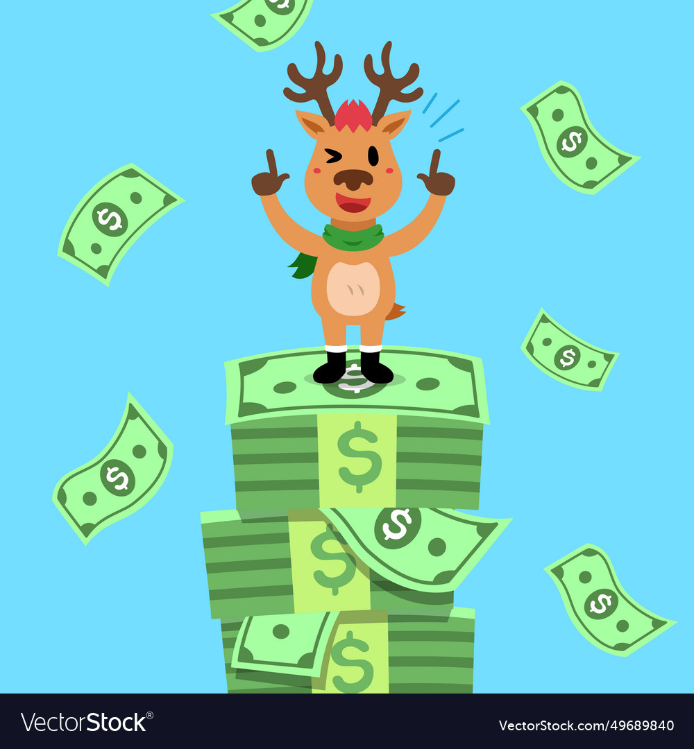 Cartoon happy christmas reindeer with money