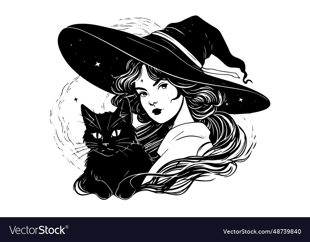 Witch halloween woman with black cat hand drawn