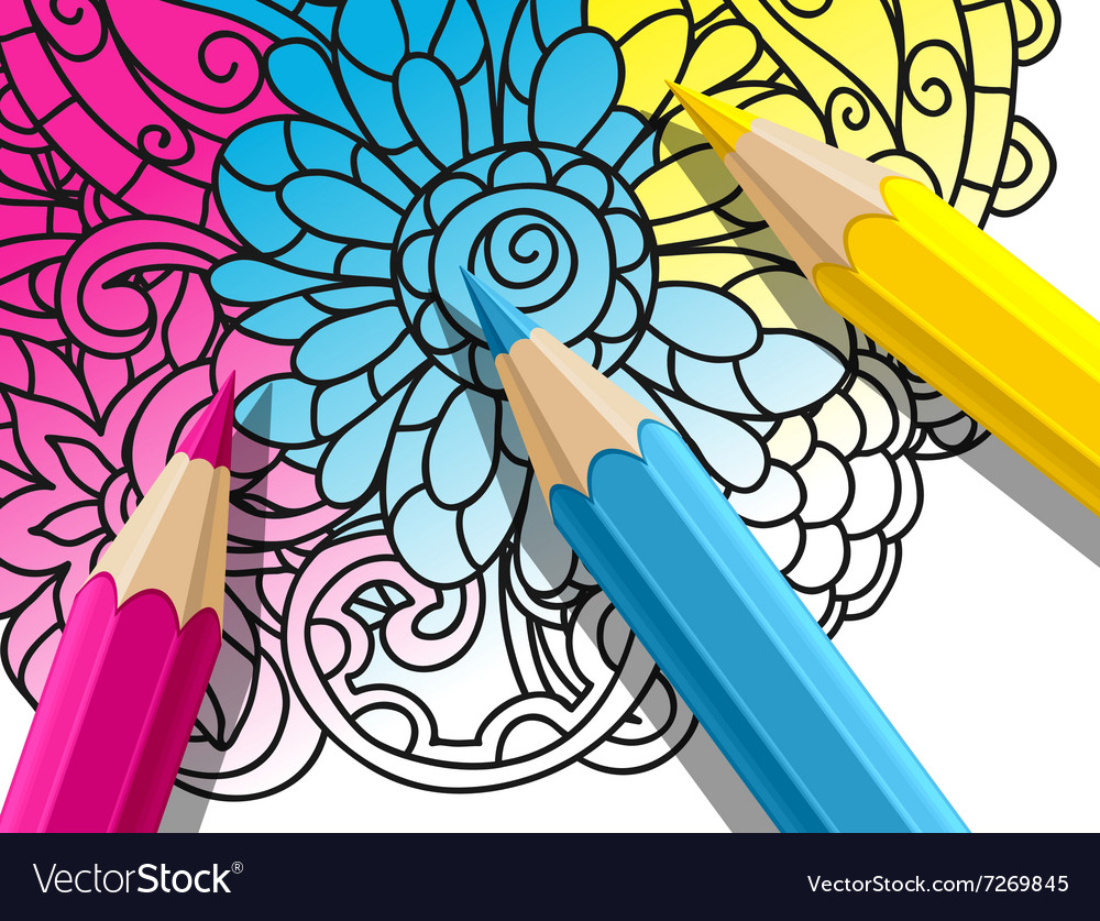 Adult coloring concept with pencils printed