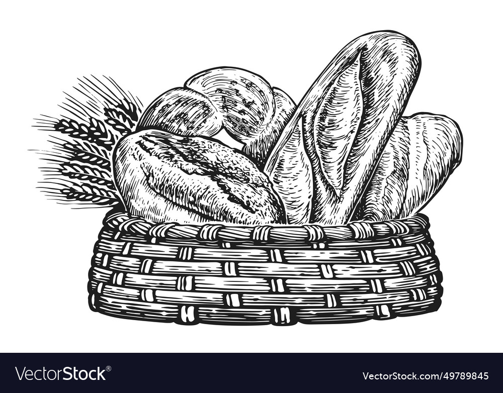 Basket with fresh baked bread and wheat Royalty Free Vector