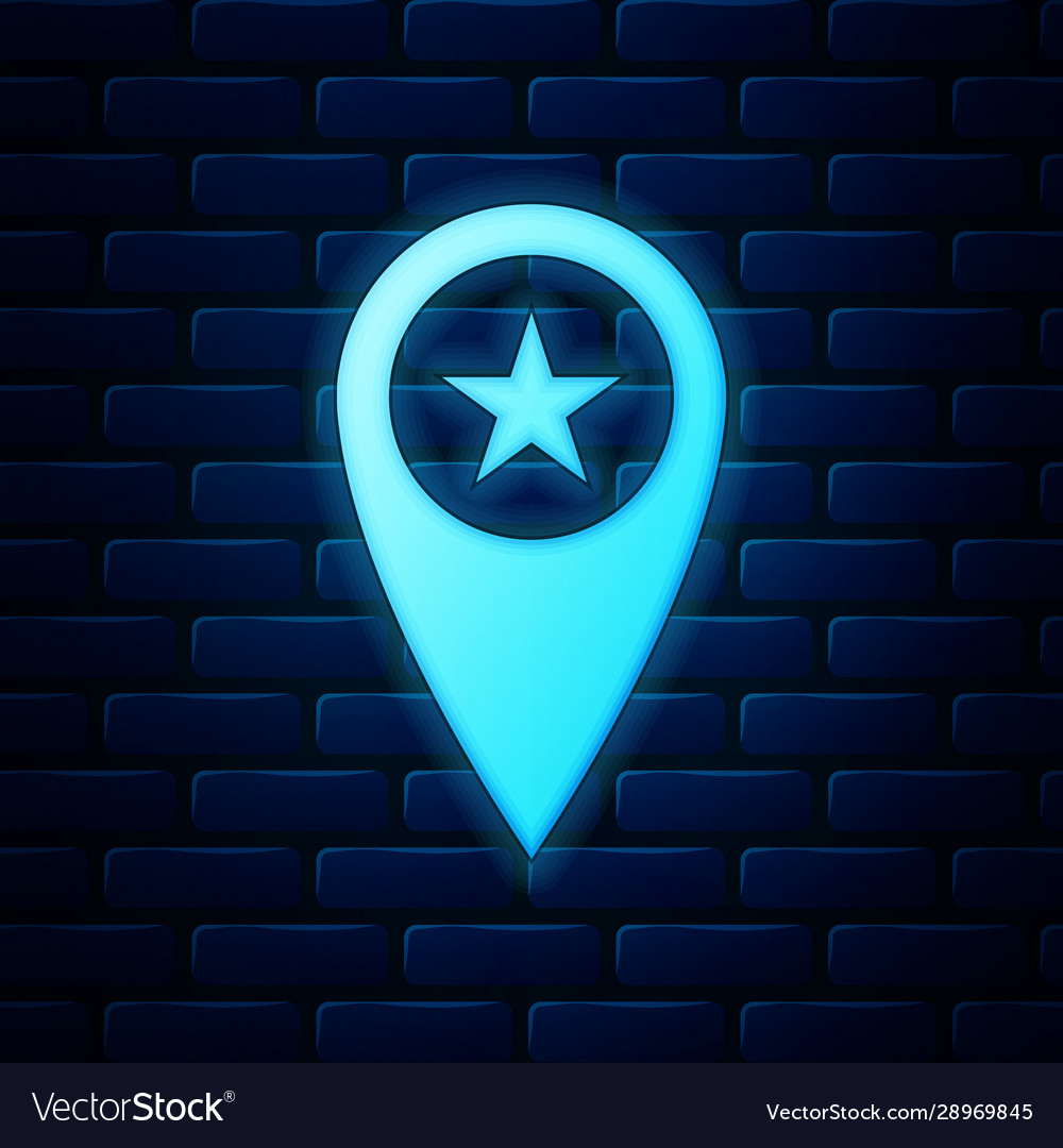 Glowing neon map pointer with star icon isolated